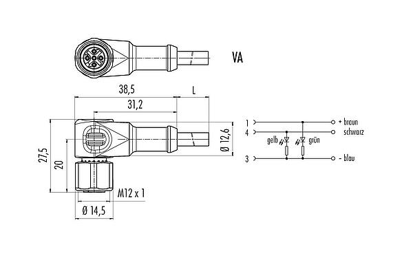 Maßzeichnung M12 Winkeldose, Polzahl: 3, ungeschirmt, am Kabel angespritzt, IP68/IP69K, UL 2238, PUR, schwarz, 3 x 0,34 mm², mit LED PNP, Edelstahl, 2 m