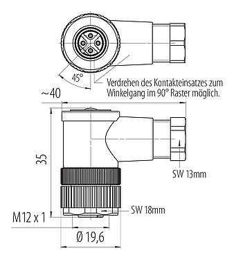 Maßzeichnung M12 Winkeldose, Polzahl: 4, 4,0-6,0 mm, ungeschirmt, schraubklemm, IP67, UL 2238