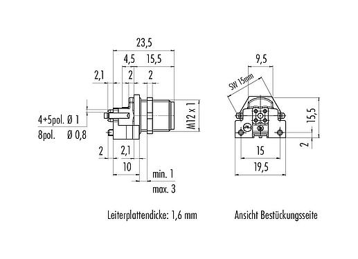 Maßzeichnung M12 Flanschstecker, Polzahl: 4, schirmbar, THR, IP68, UL 2238, M12x1,0, Rückwandmontage, für die Leiterplattenmontage