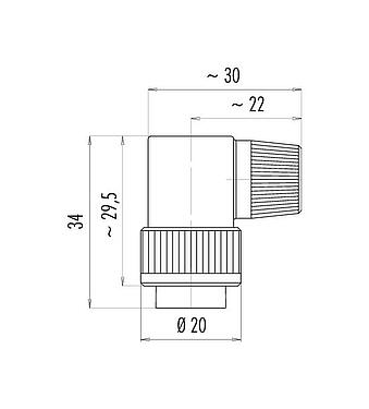 Scale drawing Bayonet Male angled connector, Contacts: 2, 6.0-8.0 mm, unshielded, solder, IP40