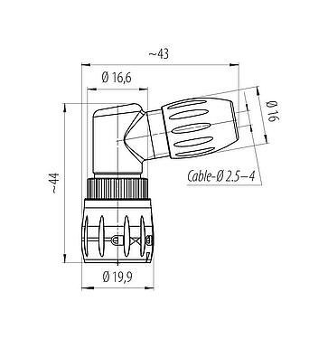 Scale drawing Bayonet Male angled connector, Contacts: 8, 2.5-4.0 mm, unshielded, solder, IP67