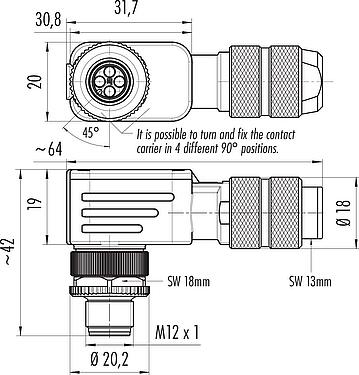 스케일 드로잉 M12 각진 플러그, 콘택트 렌즈: 4, 5.0-8.0mm, 차폐 가능, 크림프(크림프 접점은 별도로 주문해야 함), IP67, UL 2238