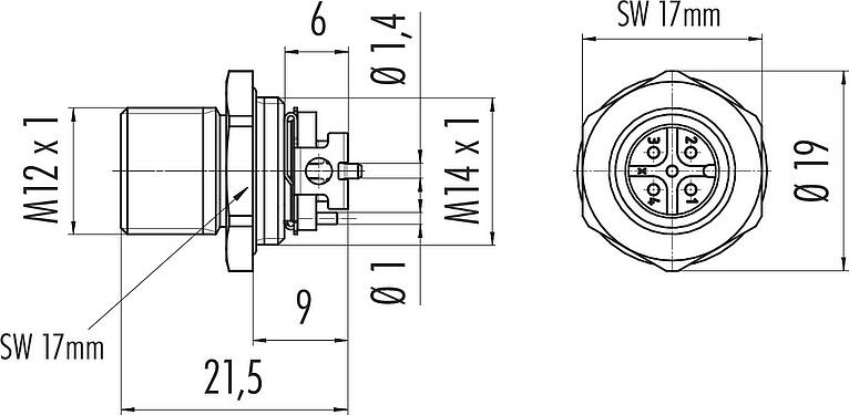Maßzeichnung M12 Flanschstecker, Polzahl: 5, schirmbar, SMT, IP67, M12x1,0, Frontmontage
