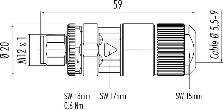 스케일 드로잉 M12 케이블 커넥터, 콘택트 렌즈: 8, 5.5-9.0mm, 차폐 가능, IDC, IP67