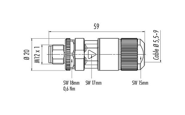 스케일 드로잉 M12 케이블 커넥터, 콘택트 렌즈: 8, 5.5-9.0mm, 차폐 가능, IDC, IP67