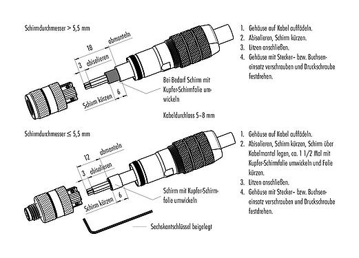 Montageanleitung M8 Kabeldose, Polzahl: 4, 5,0-8,0 mm, schirmbar, schraubklemm, IP67, M8x1,0, Irisfeder