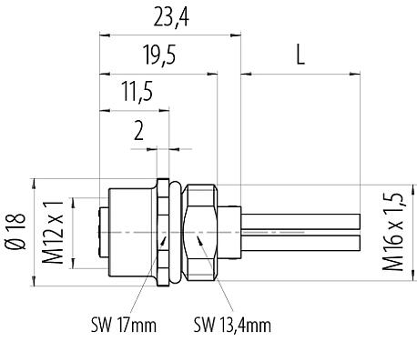 Disegno in scala M12 Connettore femmina a flangia, Numero poli: 4, non schermato, fili singoli, IP68, UL 2238, M16x1,5, Montaggio anteriore, modellato