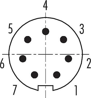 Polbild (Steckseite) M9 Kabelstecker, Polzahl: 7, 3,5-5,0 mm, schirmbar, löten, IP67, mit Schirmmanschette