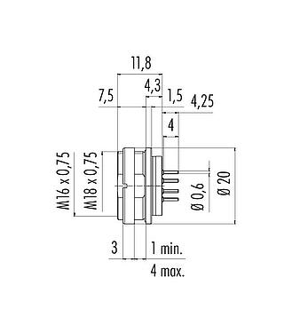 Výkres v měřítku M16 Přírubová zásuvka, : 14 (14-b), nestíněný, THT, IP67, UL 2238, M18x0,75, Montáž na zadní stěnu