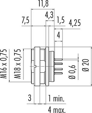 Desenho da escala M16 Soquete de flange, Contatos: 14 (14-b), desprotegido, THT, IP67, UL 2238, M18x0,75, Montagem no painel traseiro