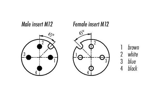 Koskettimien järjestys (plug in -puoli) M12 Liitäntäkaapelin kaapelipistoke - kaapelirasia, Napojen määrä: 4, suojattu, suihkutettu kaapelille, IP67, UL 2238, PUR, musta, 4 x 0,34 mm², 2 m