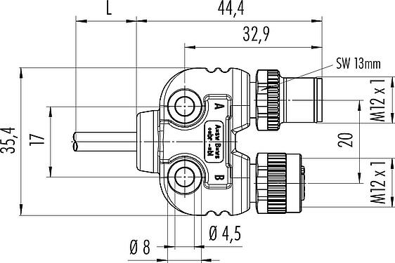 Maßzeichnung M12 Zweifachverteiler, Y-Verteiler, Polzahl: 4, ungeschirmt, am Kabel angespritzt, IP68, UL 2238, PUR, schwarz, 4 x 0,25 mm², 2 m
