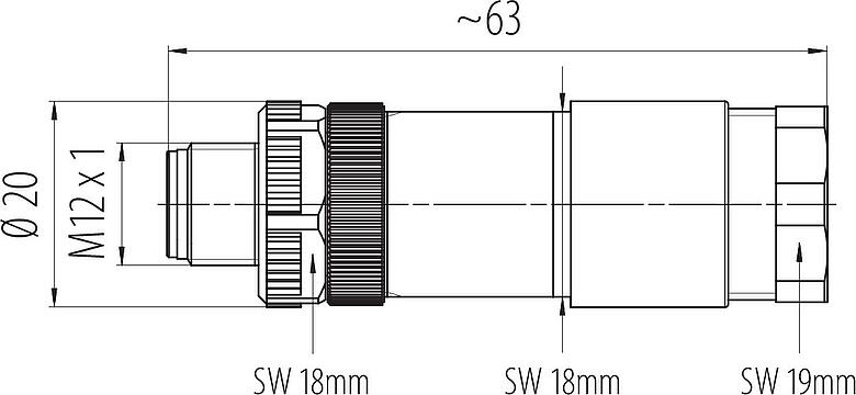 Maßzeichnung M12 Duo-Kabelstecker, Polzahl: 4, 2.1-3.0 mm (2 Kabel) oder 4-5 mm (2 Kabel), ungeschirmt, schraubklemm, IP67, UL 2238