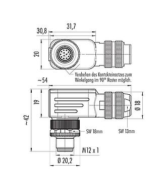 Maßzeichnung M12 Winkelstecker, Polzahl: 12, 6,0-8,0 mm, schirmbar, löten, IP67, UL 2238, mit Schirmring