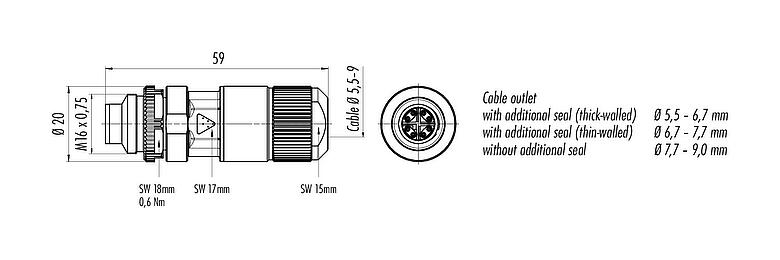 縮尺図 M16 オスコネクタケーブル, 極数: 8, 5.5-9.0mm, シールド可能, IDC, IP67