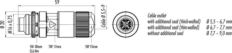 Méretarányos rajz M16 Kábelre szerelhető csatlakozó, : 8, 5,5-9,0 mm, árnyékolható, I.D.C, IP67
