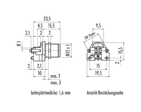 Maßzeichnung M12 Flanschstecker, Polzahl: 5, schirmbar, THR, IP67, UL 2238, M12x1,0, Rückwandmontage