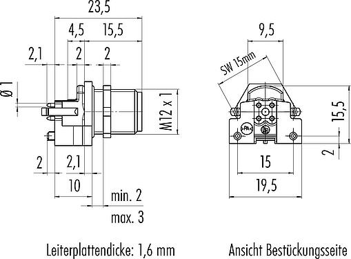 Maßzeichnung M12 Flanschstecker, Polzahl: 5, schirmbar, THR, IP67, UL 2238, M12x1,0, Rückwandmontage
