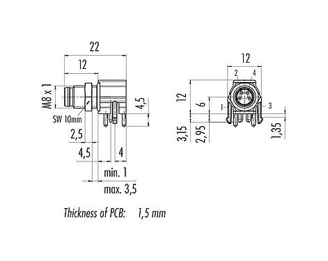 Dessin coté M8 Embase mâle, coudé, Contacts: 3, non blindé, THR, IP67, UL 2238, Montage mural arrière