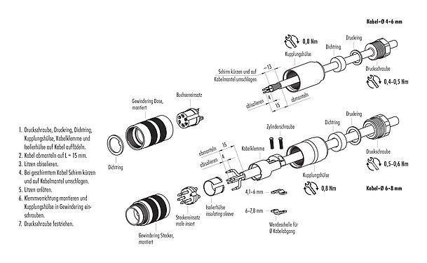 Montageanleitung M16 Kabelstecker, Polzahl: 6 (06-a), 6,0-8,0 mm, schirmbar, löten, IP67, UL 2238