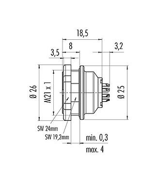Scale drawing 09 4843 80 19 - Push Pull Male panel mount connector, Contacts: 19, unshielded, solder, IP67, Front mounting