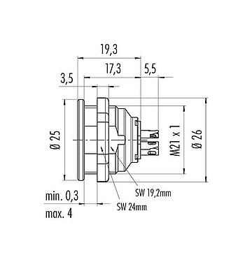 Schaaltekening Push Pull Female panel mount connector, aantal polen: 3, onafgeschermd, soldeer, IP40, M21x1,0, Frontaansluiting