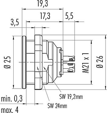 Dessin coté Push Pull Embase femelle, Contacts: 4, blindable, souder, IP67, M21x1,0, Montage frontal