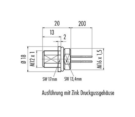 Maßzeichnung M12 Flanschstecker, Polzahl: 12, ungeschirmt, Litzen, IP68, UL 2238, M16x1,5, Frontmontage, vergossen