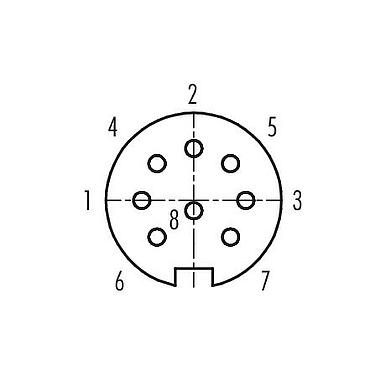 Koskettimien järjestys (plug in -puoli) 99 2062 19 08 - M16 Kaapelirasia, Napojen määrä: 8 (08-a), 4,0-6,0 mm, suojattavissa, juotos, IP40