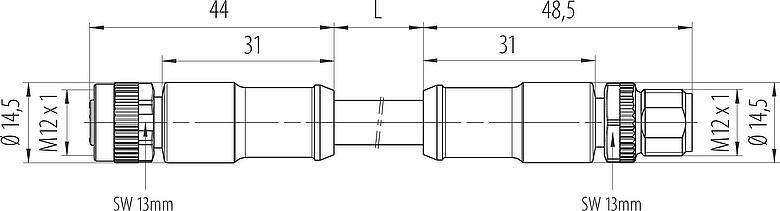 Maßzeichnung M12 Verbindungsleitung Kabelstecker - Kabeldose, Polzahl: 4, ungeschirmt, am Kabel angespritzt, IP68, UL 2238, PUR, schwarz, 4 x 1,50 mm², 2 m