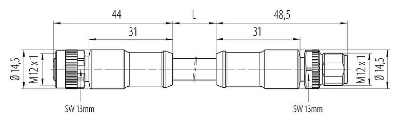 Rysunek z wymiarami M12 Kabel łączący, męskie złącze kablowe proste - żeńskie złącze kablowe proste, Kontaktów: 4, nieekranowany, formowane wtryskowo na kablu, IP68, UL 2238, PUR, czarny, 4 x 1,50 mm², 5 m