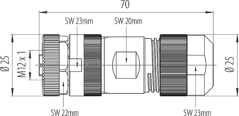 Maßzeichnung M12 Kabeldose, Polzahl: 4+FE, 8,0-13,0 mm, ungeschirmt, schraubklemm, IP67, UL 2238, M12x1,0