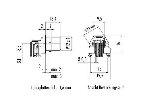 Maßzeichnung M12 Flanschstecker, gewinkelt, Polzahl: 8, ungeschirmt, THR, IP68, UL 2238, Rückwandmontage, für die Leiterplattenmontage