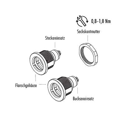 Einzelteildarstellung Push Pull Flanschstecker, Polzahl: 4, schirmbar, löten, IP67, M14x0,5, Frontmontage