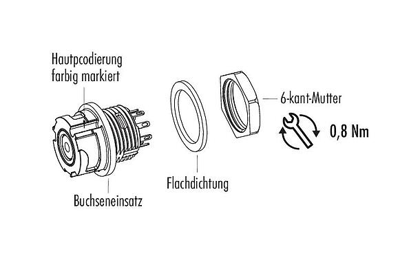 Einzelteildarstellung Bajonett Flanschdose, Polzahl: 8, ungeschirmt, löten, IP67, M13x1,0, Frontmontage