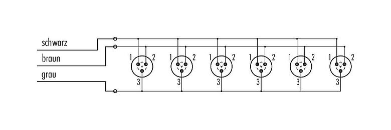 Belegungspläne Snap-In 6-fach-Verteiler, Polzahl: 3, ungeschirmt, am Kabel angespritzt, IP67, 3 x 0,75 mm²