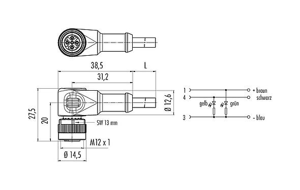 Maßzeichnung M12 Winkeldose, Polzahl: 3, ungeschirmt, am Kabel angespritzt, IP68/IP69K, UL 2238, PVC, grau, 3 x 0,34 mm², mit LED PNP, 2 m