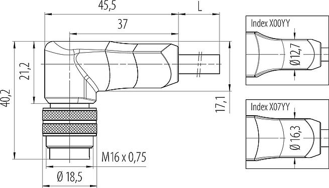 縮尺図 M16 オスアングルコネクタ, 極数: 12, 非シールド, モールドケーブル付き, IP67, PUR, 黒, 12x0.25mm², 2m