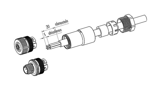 Montageanleitung M12 Kabeldose, Polzahl: 5, 6,0-8,0 mm, ungeschirmt, schraubklemm, IP67, UL 2238, VDE, für die Spannungsversorgung (Power)