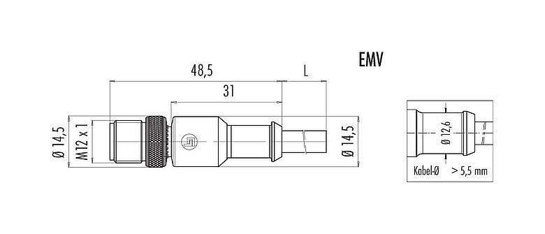 Maßzeichnung M12 Kabelstecker, Polzahl: 8, geschirmt, am Kabel angespritzt, IP67, UL 2238, PVC, grau, 8 x 0,25 mm², 5 m