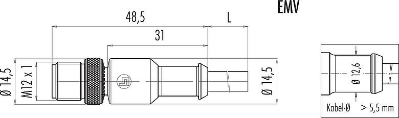 Maßzeichnung M12 Kabelstecker, Polzahl: 8, geschirmt, am Kabel angespritzt, IP67, UL 2238, PVC, grau, 8 x 0,25 mm², 5 m