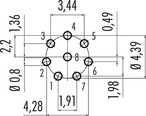 Conductor layout Snap-In Female panel mount connector, Contacts: 8, unshielded, THT, IP67, M8x0,75, Front mounting