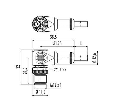 Scale drawing M12 Male angled connector, Contacts: 4, unshielded, moulded on the cable, IP68/IP69K, UL 2238, PUR, orange, 4 x 0.34 mm², for welding applications, 5 m