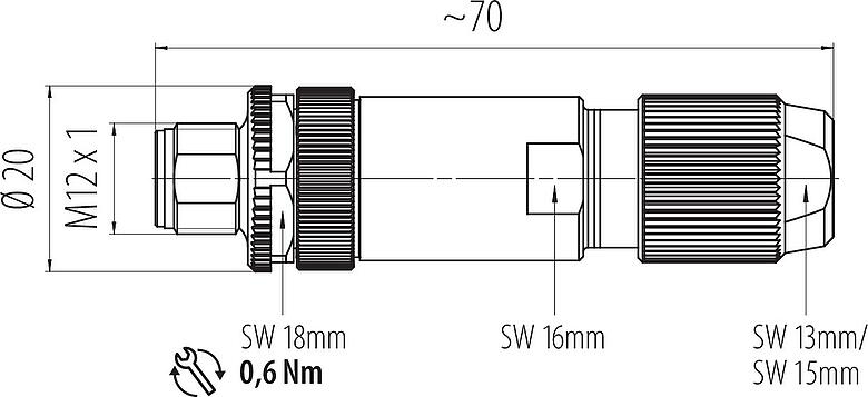 스케일 드로잉 M12 케이블 커넥터, 콘택트 렌즈: 4, 5.0-8.0mm, 차폐 가능, 나사 클램프, IP67, UL 2238, 아이리스 스프링