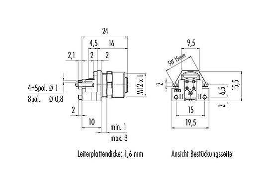 Maßzeichnung M12 Flanschdose, Polzahl: 4, ungeschirmt, THR, IP68, UL 2238, M12x1,0, Rückwandmontage, für die Leiterplattenmontage, zweiteilige Ausführung