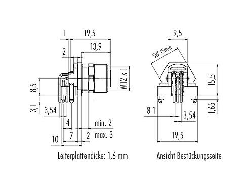 Maßzeichnung M12 Flanschdose, gewinkelt, Polzahl: 5, schirmbar, THR, IP68, UL 2238, Frontmontage, für die Leiterplattenmontage