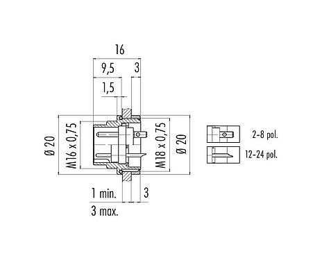 Schaaltekening M16 Male panel mount connector, aantal polen: 5 (05-b), onafgeschermd, soldeer, IP67, UL 2238, M18x0,75, Frontaansluiting