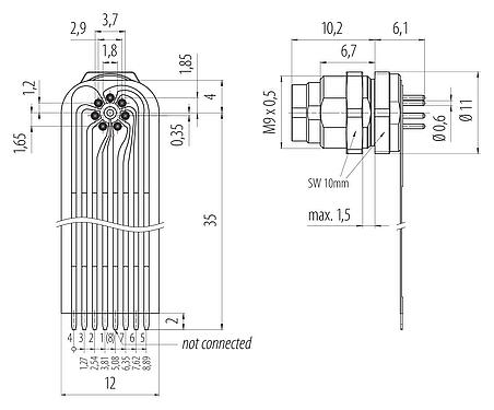 Verbinding & afmetingen M9 Male panel mount connector, aantal polen: 7, onafgeschermd, THT, IP40, M9x0,5, Achterwandmontage
