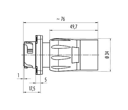 Maßzeichnung 09 6491 100 05 - Bajonett Flanschstecker, Polzahl: 4+PE, ungeschirmt, crimpen (Crimpkontakte müssen separat bestellt werden), IP68/IP69K, UL, VDE