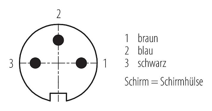 Polbild (Steckseite) M16 Kabelstecker, Polzahl: 3, geschirmt, am Kabel angespritzt, IP67, PUR, schwarz, 3 x 0,34 mm², 2 m